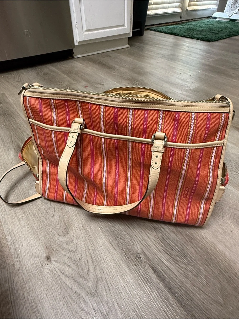 Coach Striped Canvas Shoulder Bag in Orange, Pink and Tan